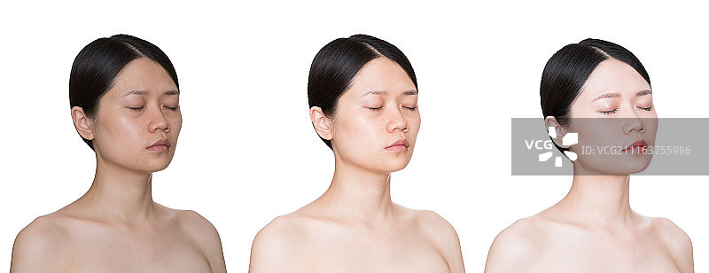 女生美白前后和化妆后的对比图片素材