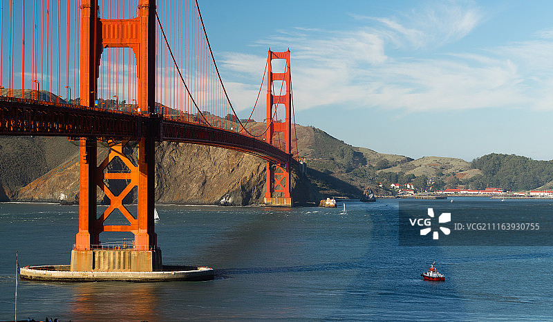 带有红色支撑塔的悬索桥图片素材