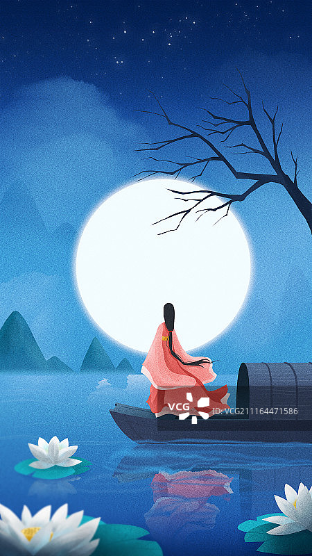 皎洁月光下的古装窈窕淑女手机壁纸图片素材