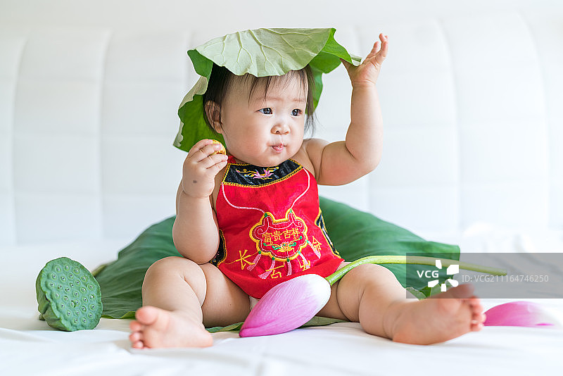 肚兜宝宝坐在荷叶上-paige图片素材