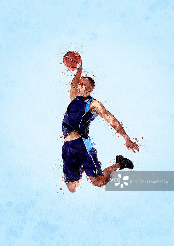 扣篮篮球运动员水彩插画图片素材