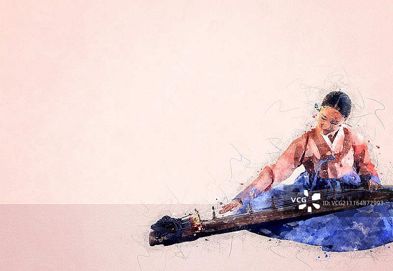 演奏乐器的韩国女性水彩插画图片素材