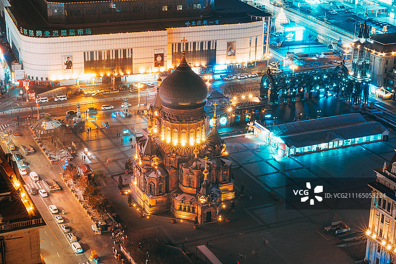 哈尔滨索菲亚教堂航拍全景城市夜景图片素材