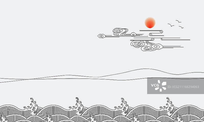 矢量中式海浪祥云日出图图片素材