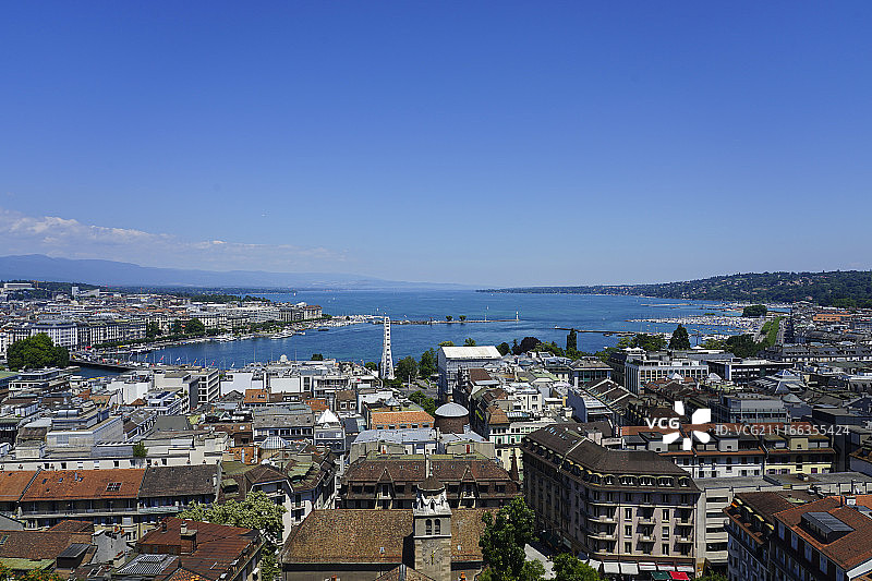 晴空下的湖泊城镇景观图片素材