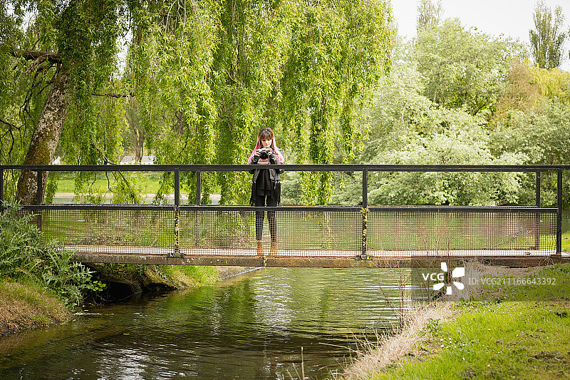女孩用复古相机拍照图片素材
