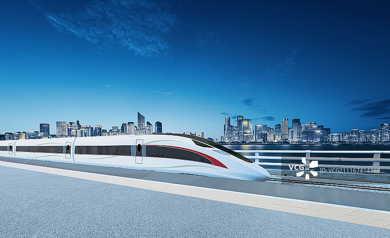 高速列车车站与杭州钱塘江新城风光图片素材