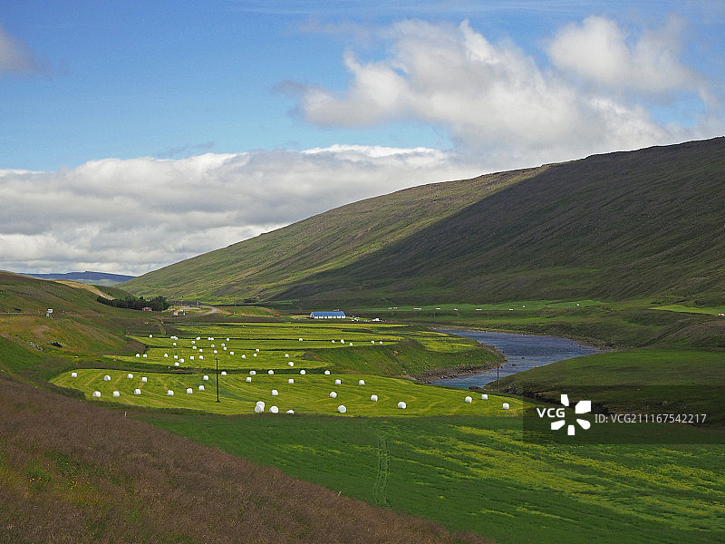 肥沃的河谷，有茂盛的草地、草捆和农场图片素材