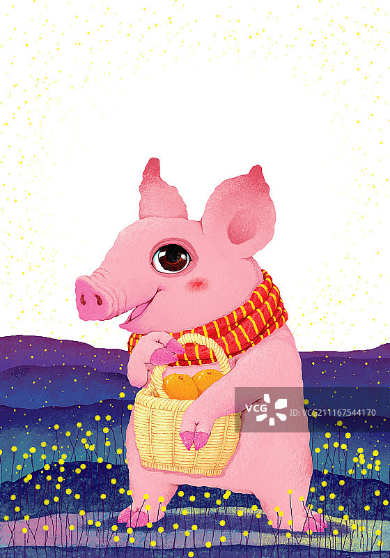 动物插画系列作品共3000幅-猪年插画系列-山地上的粉色猪图片素材