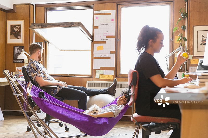 创意女设计师与小狗在办公室吊床上小憩图片素材