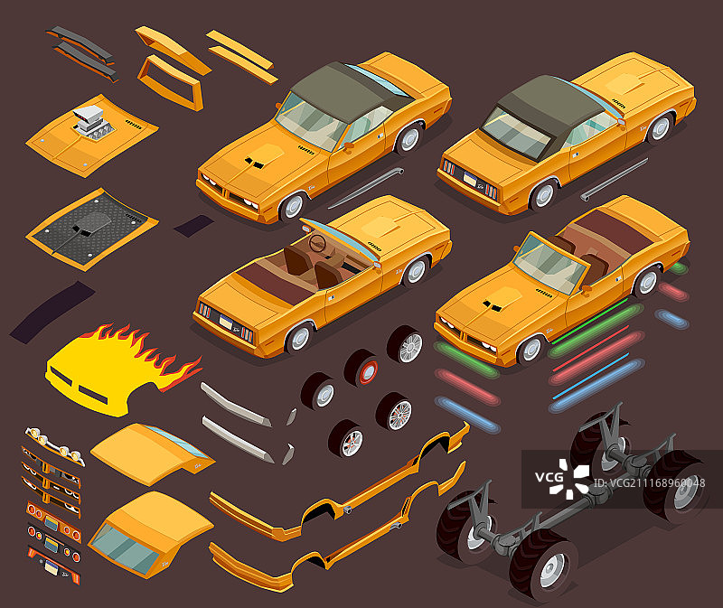 汽车改装等距部件套装。汽车发动机性能改装部件设备和配件等距套装，车库和网店广告矢量图图片素材