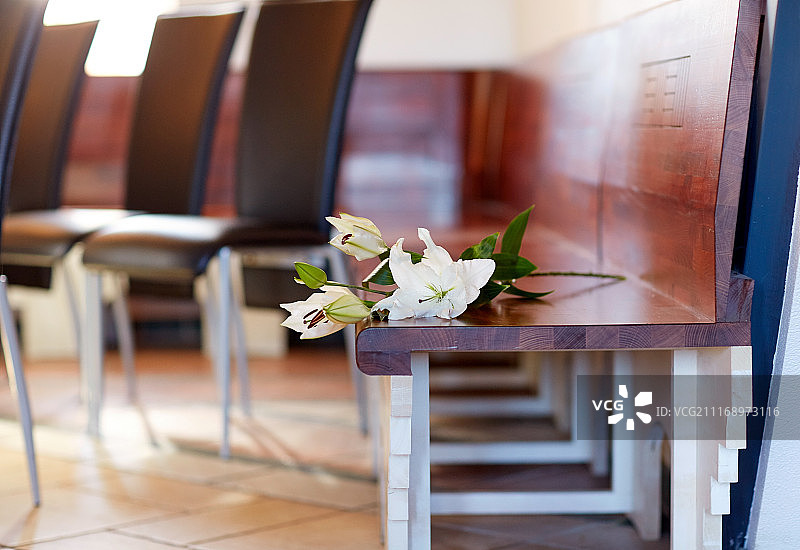 葬礼和哀悼概念 - 教堂长椅上的白色百合花图片素材