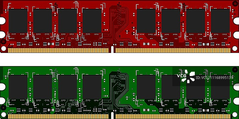 红色和绿色的双通道DDRII内存模块矢量图图片素材