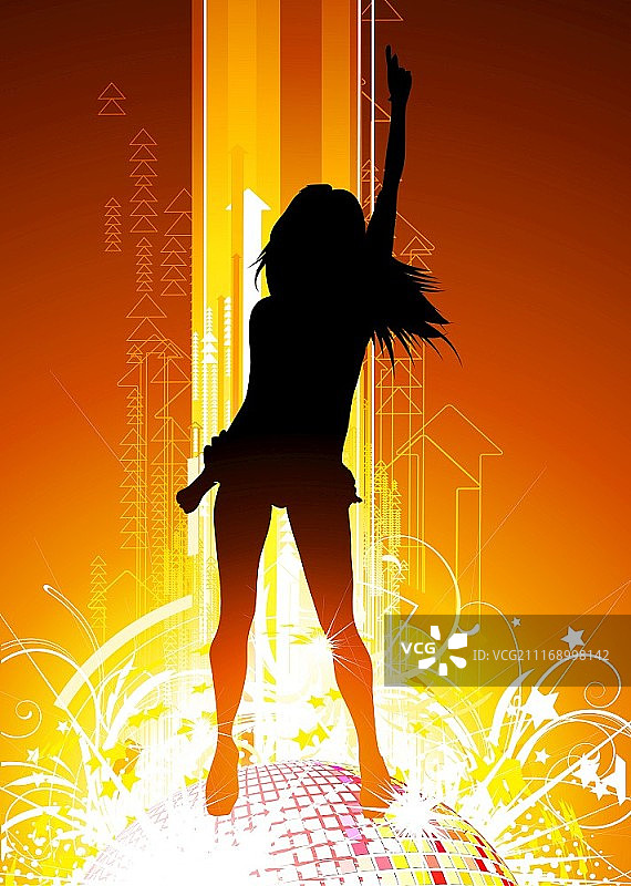 抽象派对背景矢量图，含发光灯、迪斯科球和女孩剪影图片素材