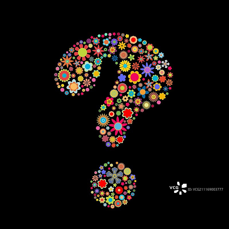 花朵问号形状矢量插画（黑色背景）图片素材