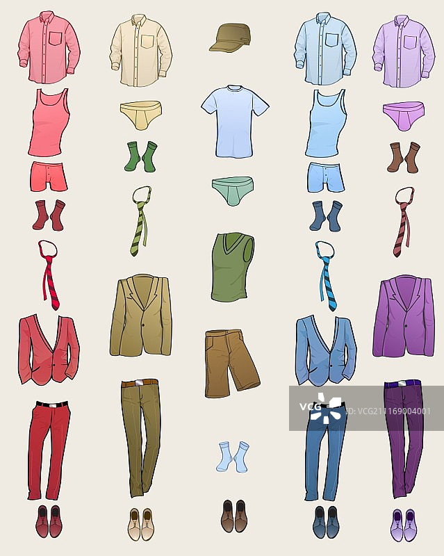 不同颜色的酷男装图标集矢量插画图片素材