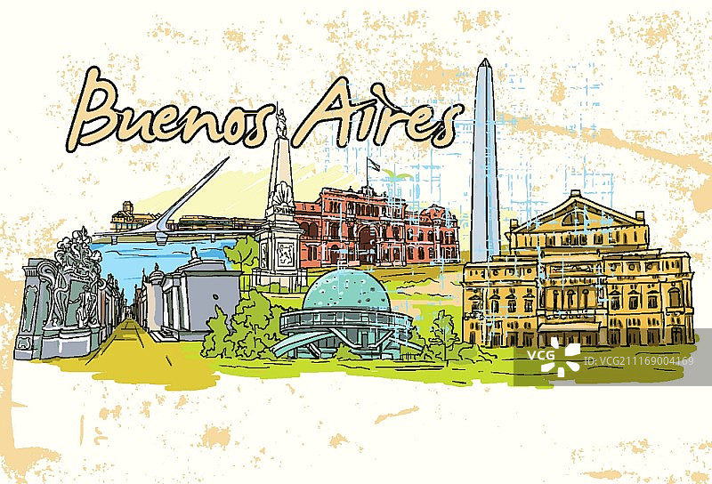 布宜诺斯艾利斯涂鸦矢量图，带纹理背景图片素材