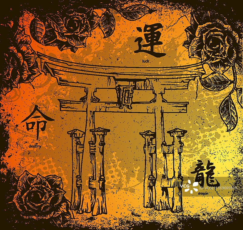 日式木门矢量Grunge风格花卉背景图片素材