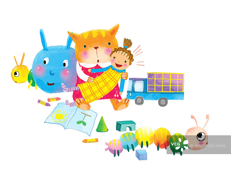 动物插画系列作品共3000幅-小猫抱着布娃娃图片素材