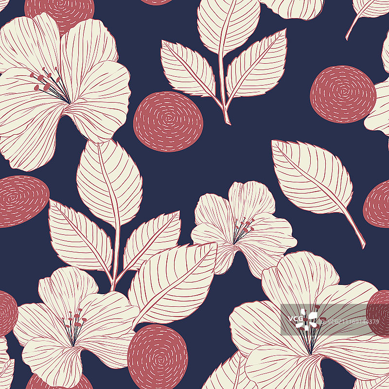优雅花卉无缝背景素材，线条风格扶桑花图片素材