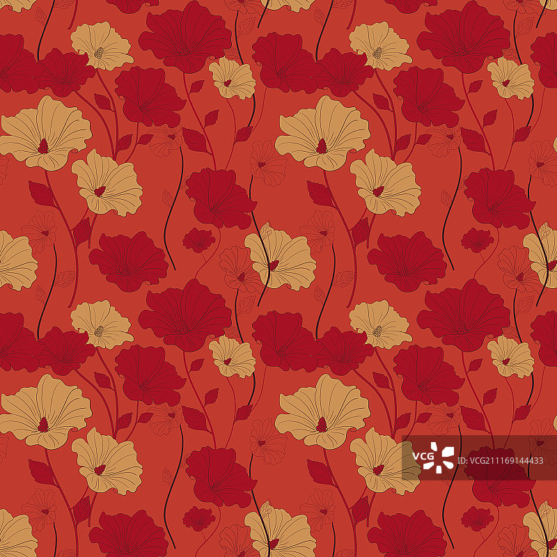优雅花卉无缝背景素材，红色背景上的扶桑花图片素材