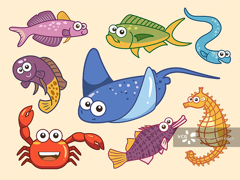 海洋生物卡通素材，魟鱼与其他鱼类图片素材