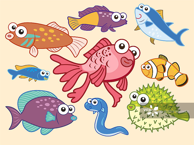 海洋生物卡通素材，斗鱼与其他鱼类图片素材