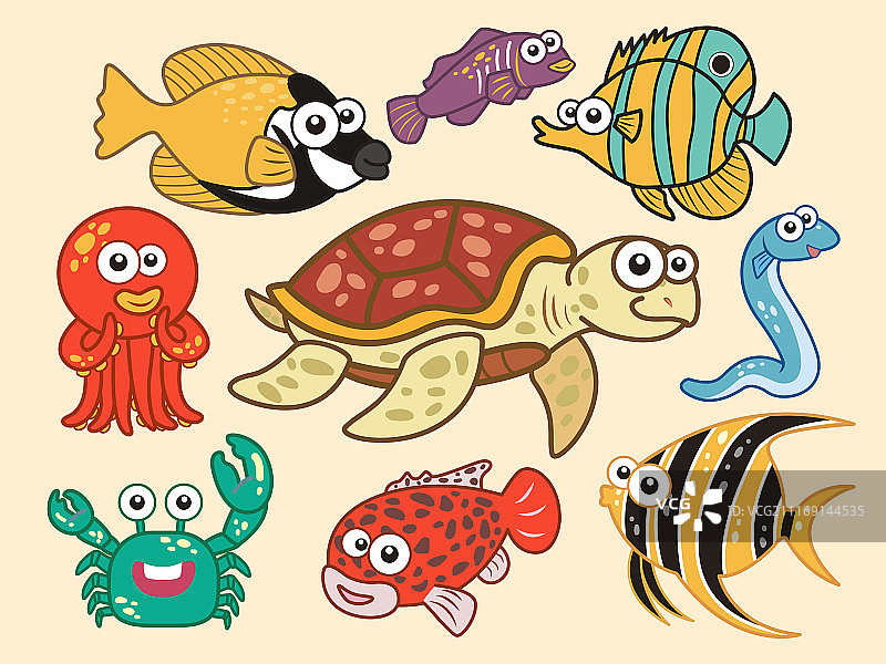 海洋生物卡通素材，海龟与其他鱼类图片素材