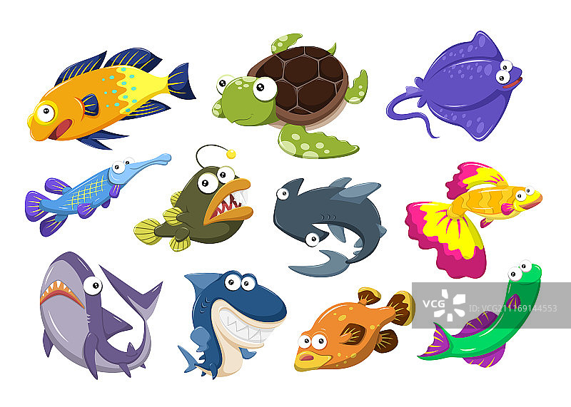色彩鲜艳的水中生物角色素材集合，卡通风格图片素材