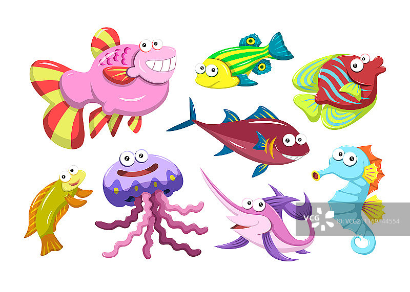 色彩鲜艳的水中生物角色素材集合，卡通风格图片素材