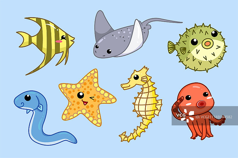 可爱海洋生物素材集合，蓝色背景图片素材