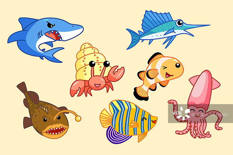 可爱海洋生物素材集合，鹅黄色背景图片素材