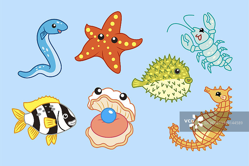 可爱海洋生物素材集合，蓝色背景图片素材