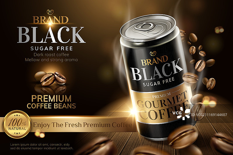 罐装黑咖啡广告设计与漂浮烘烤咖啡豆，木头纹理桌面图片素材