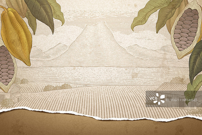 刻蚀风格巧克力庄园背景素材设计，可可树与火山风景图片素材