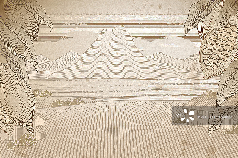 刻蚀风格巧克力庄园背景素材设计，可可树与火山风景图片素材