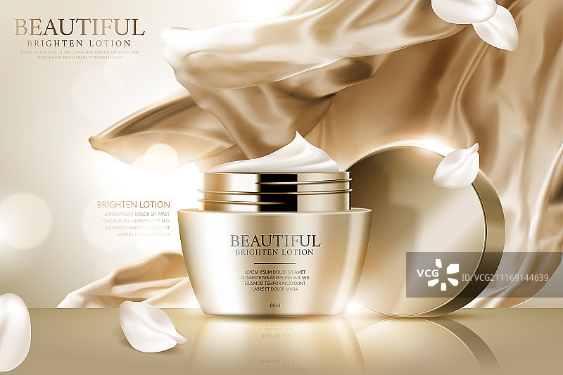 脸霜保养品广告设计，飘逸金色布幔与花瓣特效图片素材