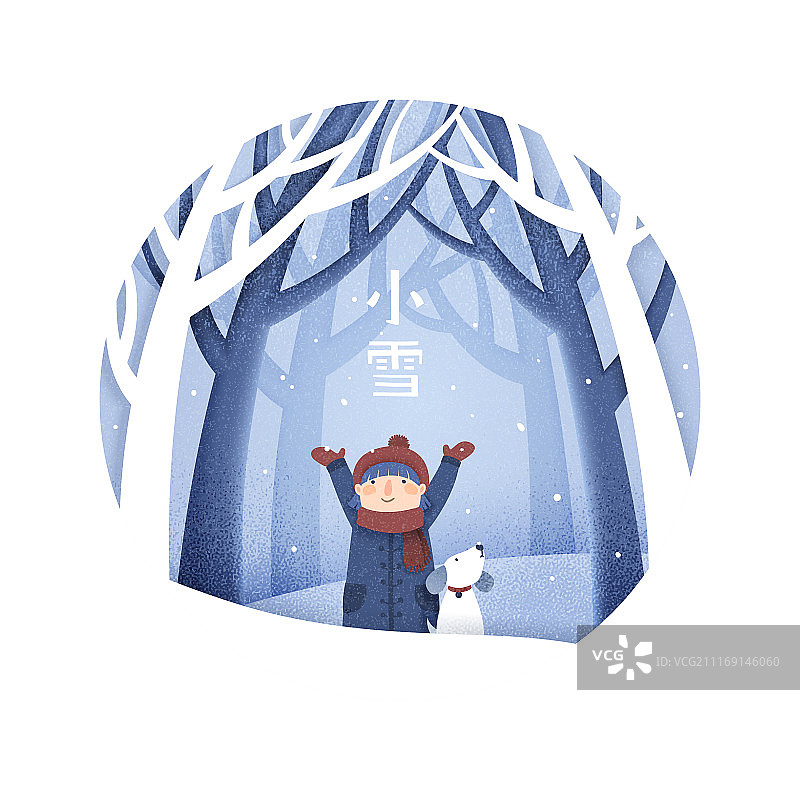 二十四节气小雪海报设计，女孩儿在森林中与狗狗玩雪图片素材