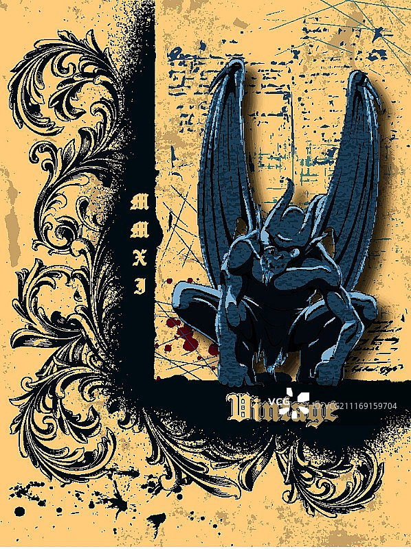 复古花卉背景与滴水嘴兽矢量图图片素材