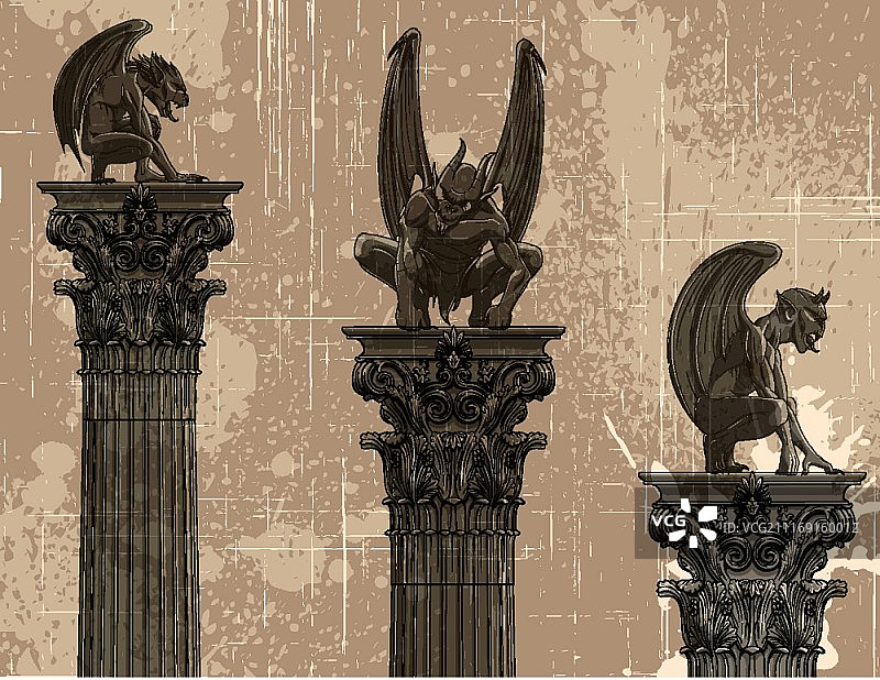 带有滴水嘴兽的矢量Grunge哥特式背景图片素材