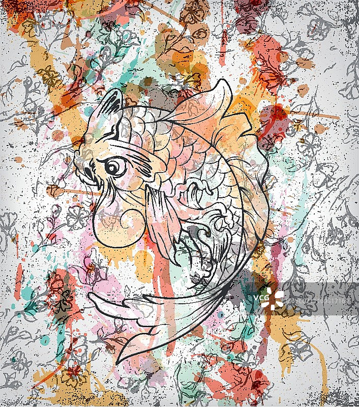 带有鲤鱼的彩色日式背景矢量图图片素材