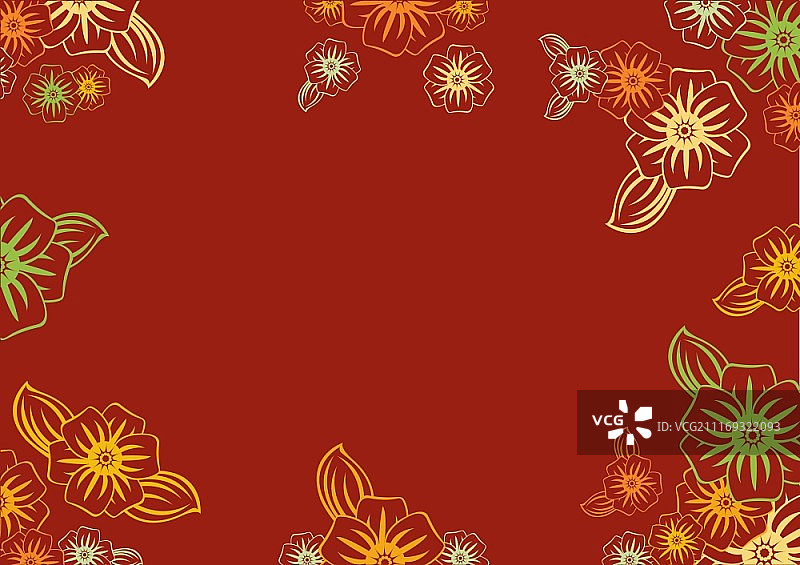 红色背景上的复古风时髦花朵矢量素材：花卉框架图片素材