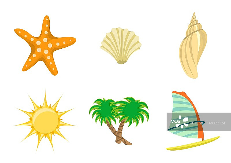 夏季图标矢量图：太阳、海星、贝壳、棕榈树和游艇图片素材