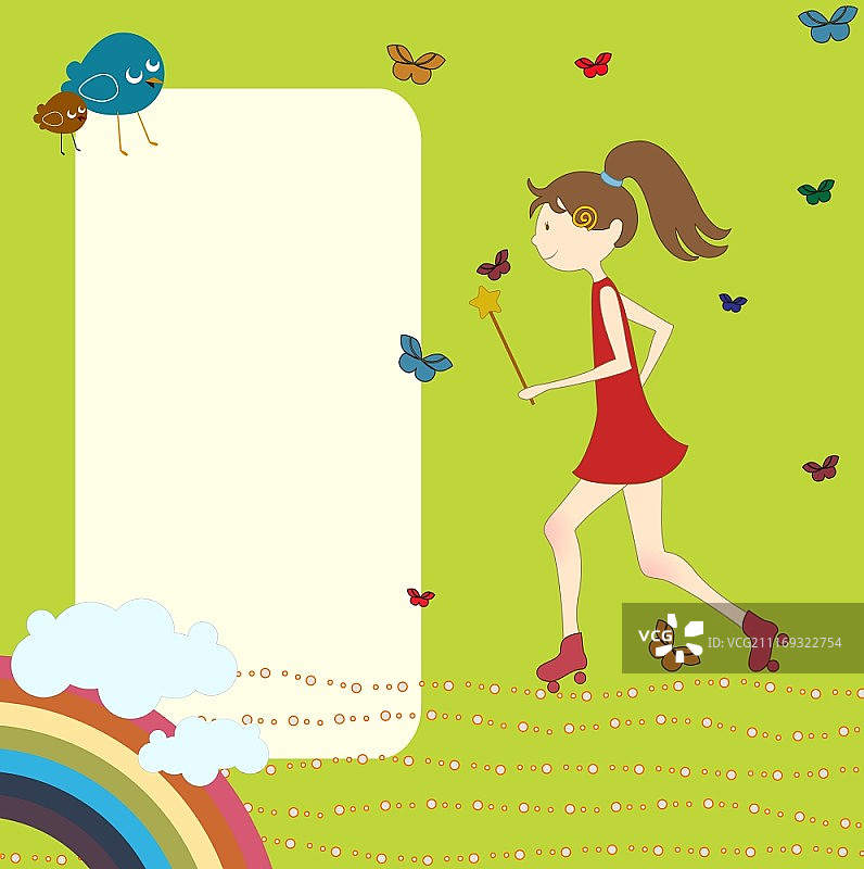 溜旱冰的小女孩复古贺卡矢量图图片素材