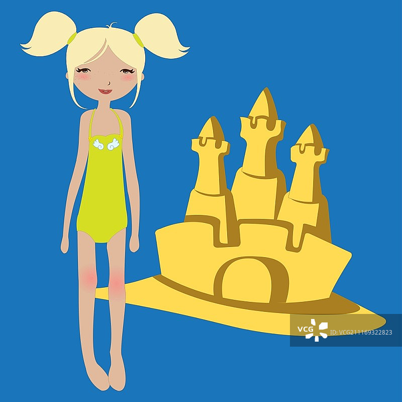 小女孩和沙堡的有趣夏季背景矢量插画图片素材