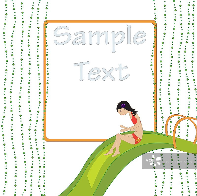 儿童风格夏季背景矢量插画：迷人的女孩在滑水道上图片素材