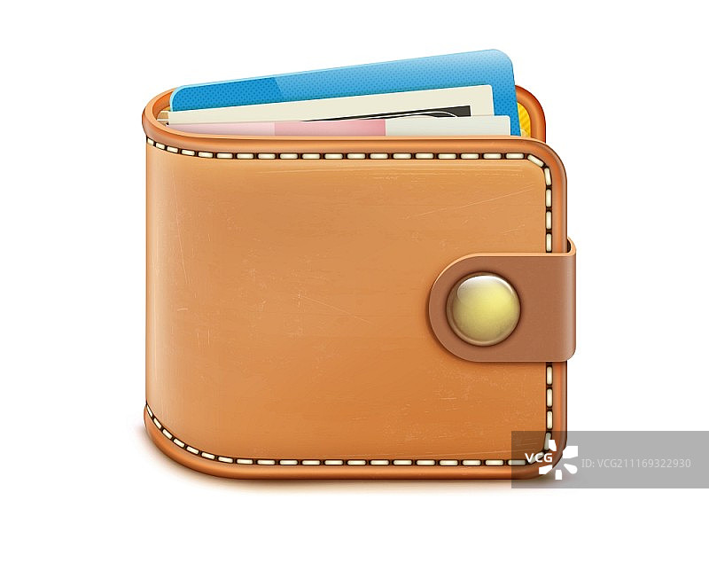 白色背景上带有钞票和信用卡的逼真封闭钱包矢量图图片素材