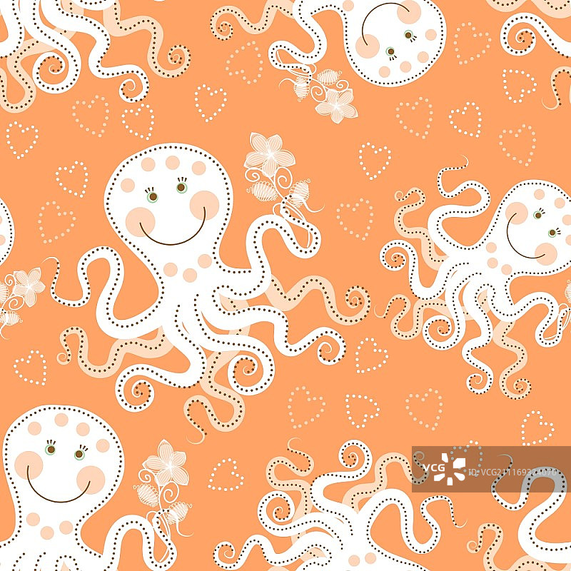 可爱章鱼、鲜花和爱心无缝图案图片素材