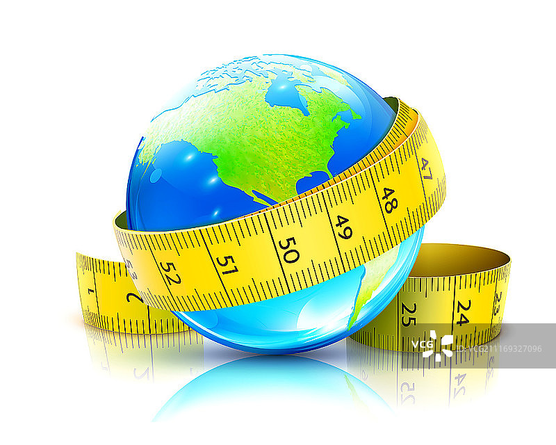 蓝色地球仪和黄色卷尺的全球饮食概念矢量插画图片素材