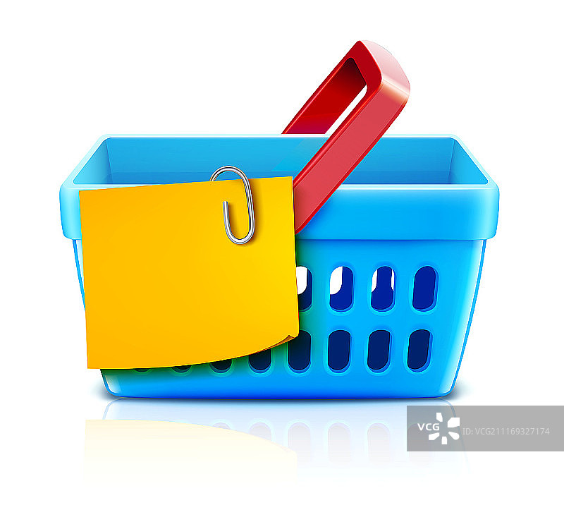 购物概念矢量插画集：超市购物篮和黄色便签清单图片素材
